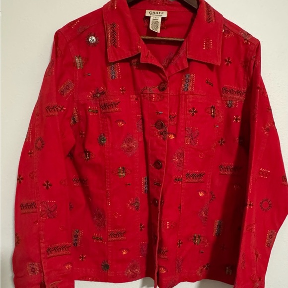 GRAFF Size large RED Stretch Denim jacket - Picture 2 of 10